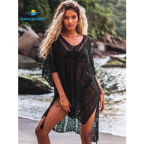 Beachsissi 2021 New Solid Crochet Cover-Ups Swimming Bikini Beach Dress Half Sleeves V Neck Ethnic Loose Style Beachwear