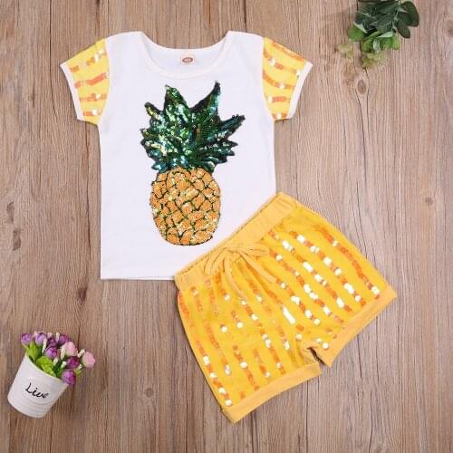 Baby Girls Casual 2pcs Clothes Set Yellow Pineapple Printed Short Sleeve Tops + Shorts Sequins Fashion Infant Outwear Clothes