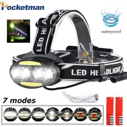 Long Range LED headlamp 4* T6 +2*COB+2*Red Headlamp Waterproof Flashlight Rechargeable Torch Lantern with battery Camp
