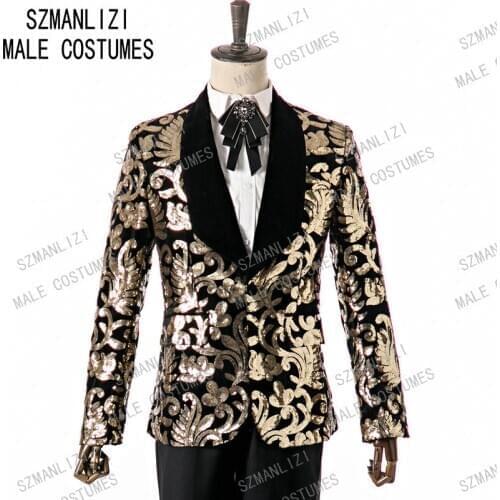 SZMANLIZI 2020 Elegant Men Suit Costume Blazer Gold Sequin Two Pieces Black Velvet Lapel Slim Fit Wedding Party Groom Tuxedo