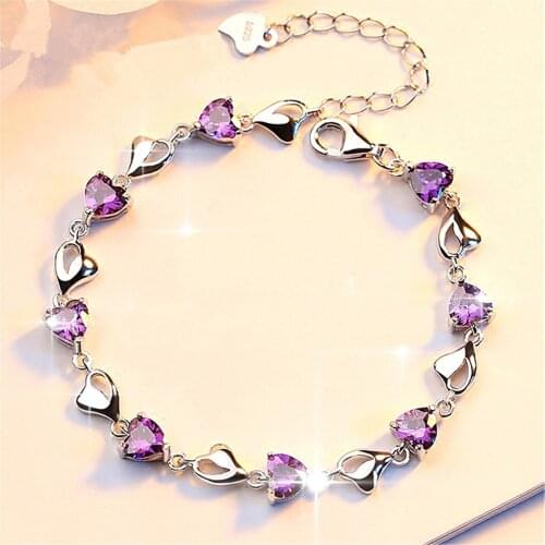 Korean fashion silver jewelry crystal zircon Amethyst love bracelet female gift lovers Bracelet
