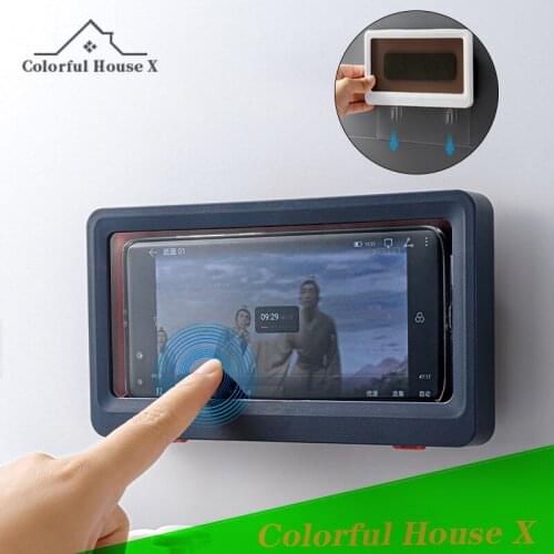 Waterproof Mobile Phone Box Punch-Free Wall-Mounted Touch Screen Mobile Holder Bathroom Toilet Sealed Protective Cover Storage