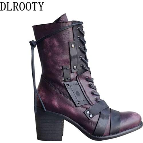Women Ankle Martin Boots Retro Autumn Female Casual Shoes Pumps High Heels Fashion Platform Round Toe Lace Up Plus Size 33-43