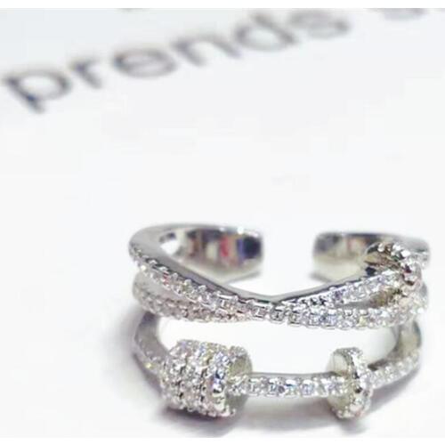 Sole Memory Double Layer Delicate Cool Cross Rhinestone 925 Sterling Silver Female Resizable Opening Rings SRI404