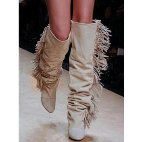 Fashion White Knee High Boots Fringe Wedge Height Increaing Winter Women Boots Top Brand Round Toe Female Motorcycle Tassel Boot