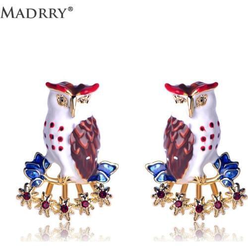 Madrry Kawaii Owl Shape Enamel Drop Earrings Red Crystal Bird Ear Jewelry Women Girls Party Accessories Harajuku Pendant Earring