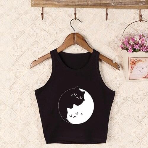 Summer Tanks Womne Cute Taiji Cat Pattern Harajuku Tank Tops Funny Girls Fashion Loose Cropped Crop Camisoles Tee Streetwear