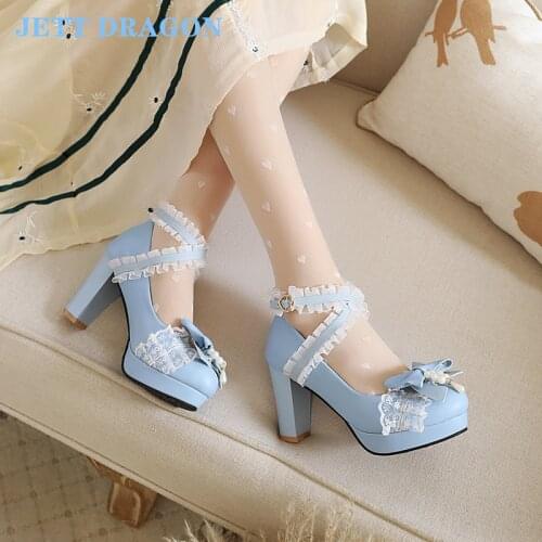 2021 Summer Ladies High Heels Waterproof Platform Cute Bow Lace Princess Mary Jane Lolita Shoes High Heels Ladies Shallow Shoes