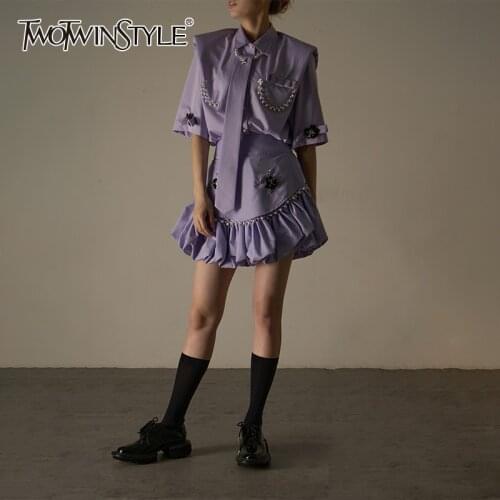 TWOTWINSTYLE Patchwork Pearls Two Piece Set For Women Lapel Half Sleeve Top High Waist Ruched Mini Skirts Slim Sets Female Style