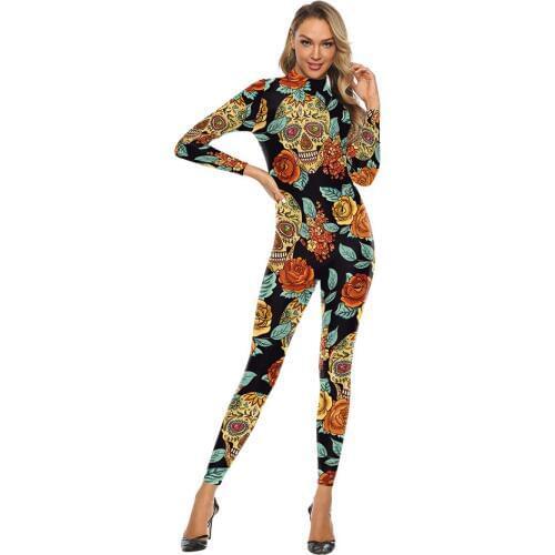 Halloween Cosplay Costumes Women Skeleton 3D Printed Scary Jumpsuit Skull Outfits Bodysuits Party Performance