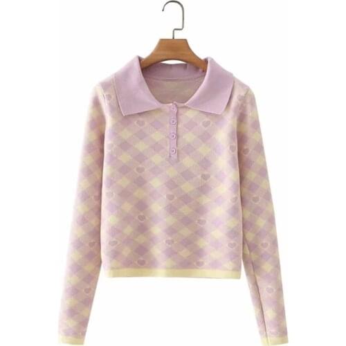 MESTTRAF Women 2021 Fashion With Floral Print POLO Neckline Knitted Sweater Retro High Neck Long Sleeve Pullover Streetwear