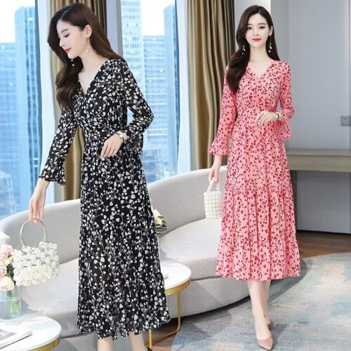 Autumn Winter Red Floral Chiffon Beach Maxi Dresses 2021 New Vintage 3XL Plus Size Long Sleeve Dress Elegant Women Party Vestido