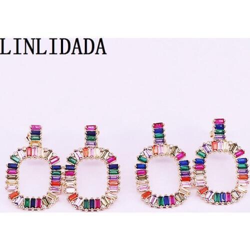 4Pairs Multicolor Rainbow Cz Micro Pave For Women Girls Fashion Zirconia Gold Color Square shaped Earring Studs Party Jewelry