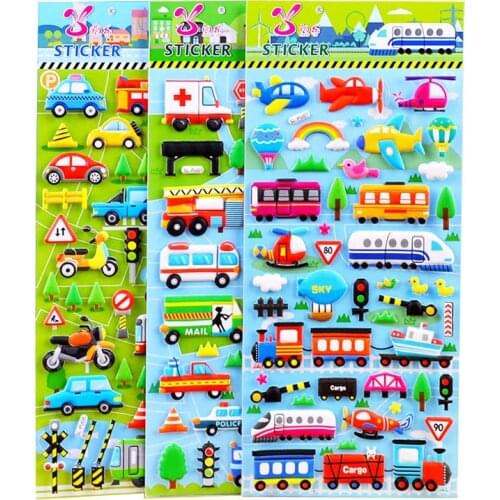 5 Sheet 3D Bubble Sticker Car Truck Plane Traffic Waterproof Cartoon Anime Stickers For Girl Boy Kid Funny Educational Toys Gift