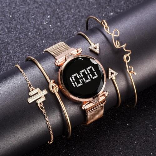 5PCS /Set Luxury Women Bracelet Watch Ladies Gold Digital LED Quartz Wriswatch Women Sport Clock Female Relogio Feminino 2021