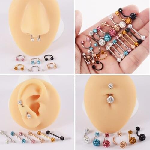 7PCS/Lot 316l Surgical Steel Double Epoxy Crystal Balls Belly Button Ring Full Zircon Tongue Barbell Circular Earrings Piercing