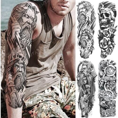 Large Arm Sleeve Tattoo God Zeus Poseidon Waterproof Temporary Tatto Sticker Lightning Skull Body Art Full Fake Tatoo Women Men