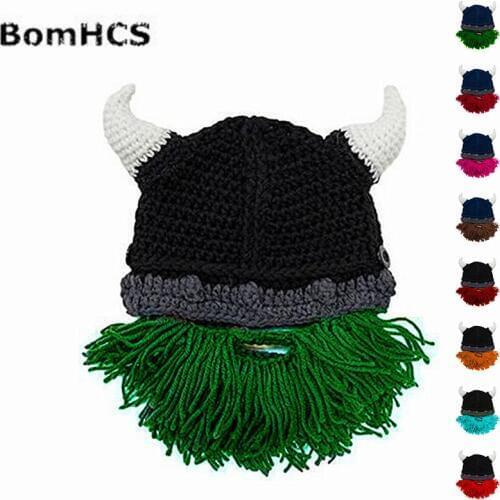 BomHCS Funny Cool Horns Beanie + Beard Gift Vikings Helmet Hats Handmade Knitted Winter Thick Cap Halloween Christmas