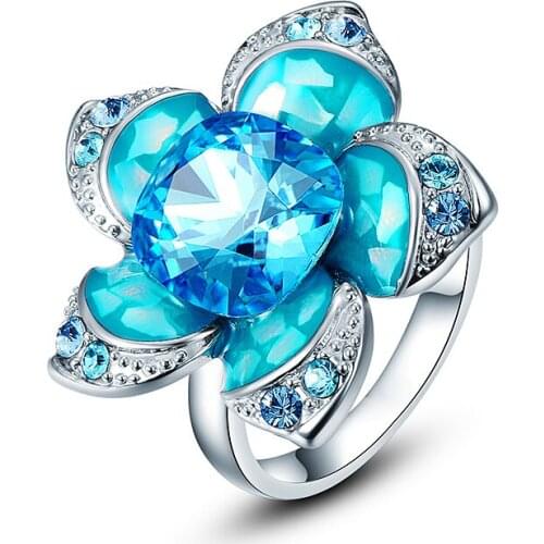 COCOM Luxury Blue Flower Wedding Ring with Crystals from Austria Anniversary Jewellry Gift Party Accessories for Women and Girls