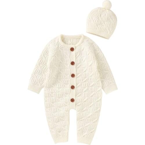 Baby Rompers Long Sleeve Newborn Infant Unisex Sweaters Jumpsuits Clothes Autumn Winter Casual Toddler Playsuits Hats Sets 0-18m