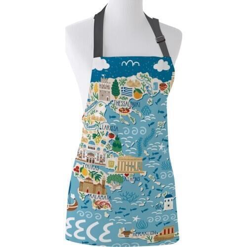 Greece Island Map Cartoon Kitchen Aprons for Woman Kids Work Clothes Men Nail Technician Waitress Cooking Apron Christmas Gift