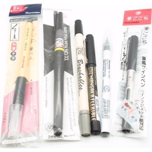 Kuretake Brush Pens Drawing Pens Black Color 6 pieces Japan Bimoji Mangaka Flexible MS-7700 Fudegokochi RB-6000AT Clean Color