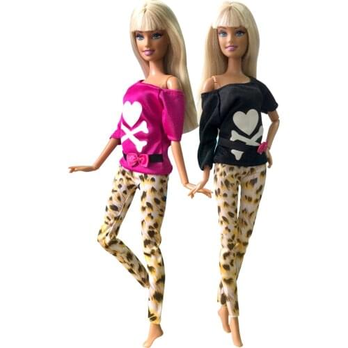NK 2 Pcs/ Set Doll Outfit Handmade Fashion Dress Cartoon Cute Pattern T-shirt Leggings Trousers For Barbie Doll Accessories