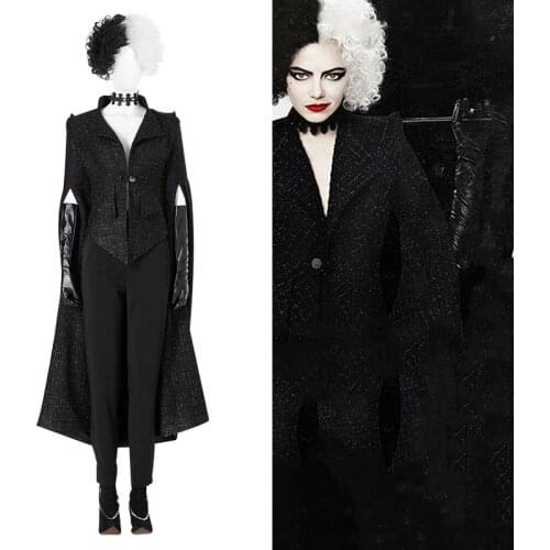 Anime Cruella Cosplay Costume Overcoat Black Uniform Woman Trench Coat Outfits Movie Adult Clothing Halloween Party Dress