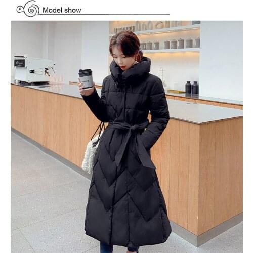 Winter Solid Turn-Down Collar Down Cotton Jacket Women Korean Style Casual Long Parkas Zipper Pockets Female Overcoat