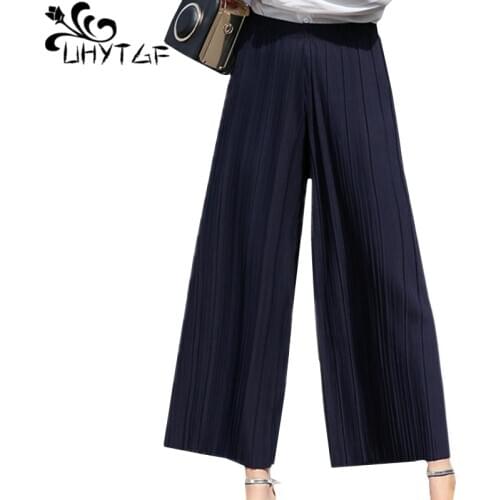 UHYTGF Fashion chiffon wide-leg pants summer pants womens Korean pleated high waist thin pants plus size sweatpants female 1489