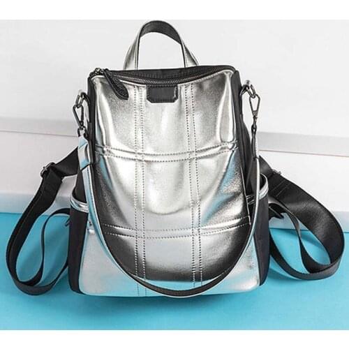 Fashion Vintage School Shoulder Bag Bagpack Women Backpack High Quality Silver reflective Leather Backpacks Teenage 2021