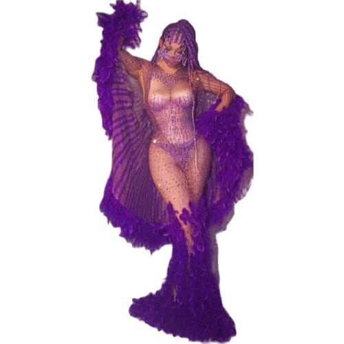 New Purple Rhinestone Feather Transparent Long Dress Women Dancer Show Evening Wing Outfit Birthday Celebrate Prom Dress