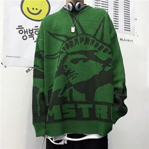 New Autumn Sweater Women Streetwear Sweater Vintage Statue Pattern Sweater Loose Round Neck Knitted Sweater Fashion Man Sweater