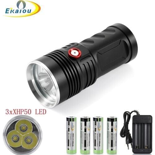 New Super Bright Tactical LED Flashlight High Power Searchlight 3 x XHP50 torch 3 Modes with 4x18650 Battery and Charger