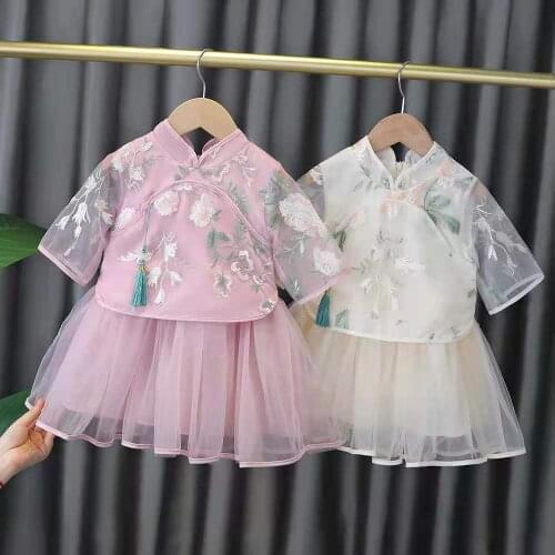 Girl Clothing Childrens Hanfu Baby Girls Tang Dress Cheongsam Summer Clothes for Girls 2pcs Two Pieces Shirt + Princess dress