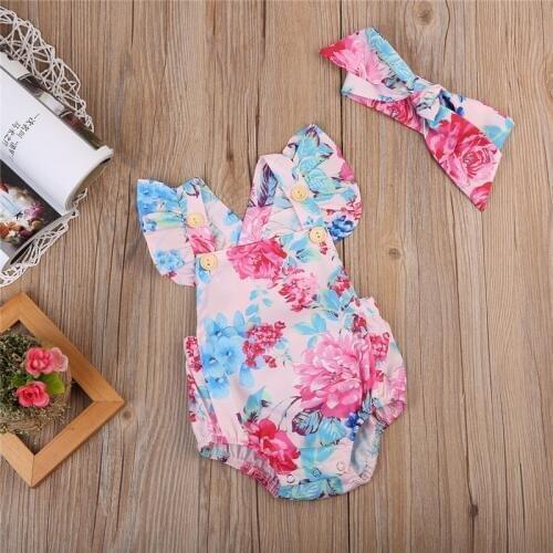 Pudcoco Newest Fashion Newborn Baby Girl Clothes Flower Print Sleeveless Bodysuit Jumpsuit Headband 2Pcs Outfits Cotton Clothes