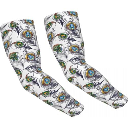 Outdoor Cycling Summer Sunscreen Tattoo Ice Silk Arm Sleeve UV Driving Sports Golf Men Women Peacock Feathers Arm Sleeves