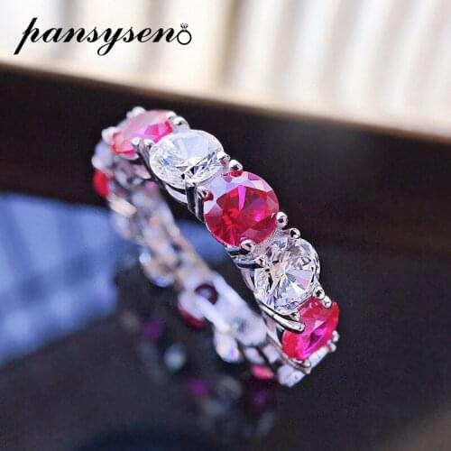 PANSYSEN 100% 925 Sterling Silver Round Cut Ruby Simulated Moissanite Diamond Rings for Women Engagement Ring Wedding Bands Gift