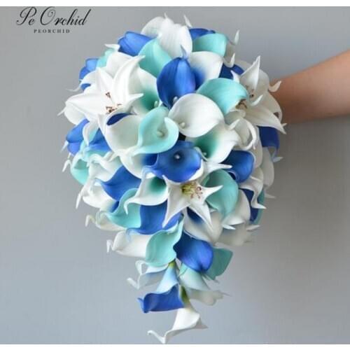 PEORCHID Royal Blue Turquoise Waterfall Bridal Bouquet Calla Lily White Flower Beach Ramo De Novia Cascada Wedding Bouquet