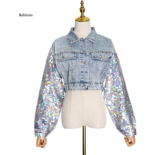 Sexy Fashion Sequin Jeans Woman Patchwork Jacket Women Splicing Short Coat Cropped Denim Top Gothic Clothes Spring New
