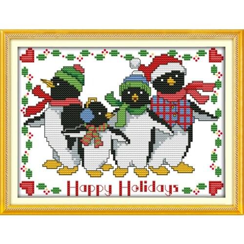 The Christmas penguins cross stitch kit cartoon 11ct count canvas stitches embroidery DIY handmade needlework plus