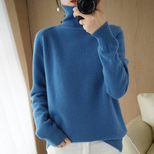 Pink 100% Wool Turtleneck Sweater Knitted Jumper Winter Sweet Fashion Long Sleeve Warm Casual Solid Color Womens Pullover