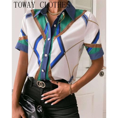 Turn-down Collar Scarf Chain Print Buttoned Short Sleeve Shirt Elegant Satin Chic Work Shirt