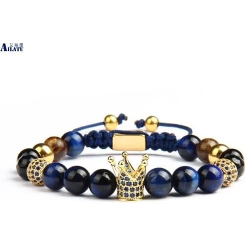 Blue Cz Crown Men Bracelet 8mm Natural Tiger Eye Stone Macrame Fashion Luxury Jewelry Logo Engrave Drop Shipping