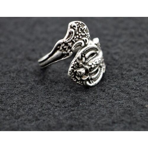 Vintage Flower Spoon Ring Antique Silver Resizeble Ring Blossom Flower Open Ring Elegant Anniversary Gift
