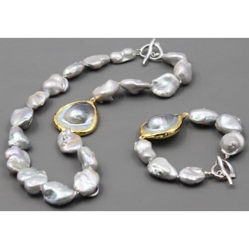 GG Jewelry Natural Cultured Baroque Keshi Grey Pearl Golden Plated Mabe Necklace Bracelet Rings Sets Classic For Women