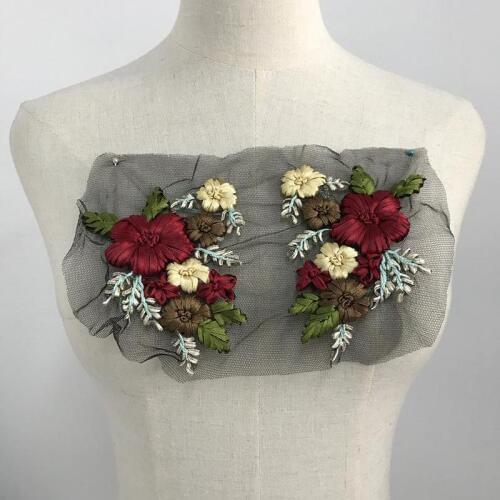 Mirror Pair Ribbon Flower Fabric Patches Mix colors Floral Sew on Lace Applique, For dance costume, denim jacket