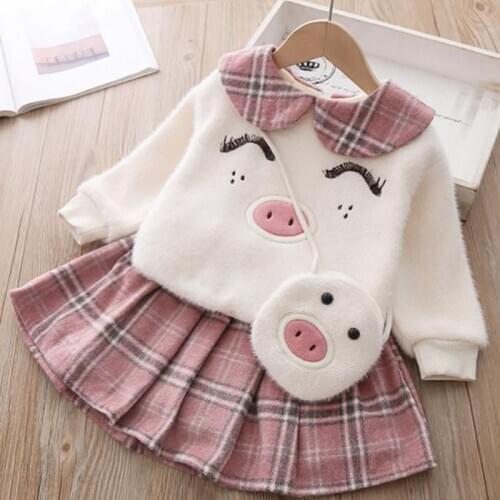 Baby Girl Winter Warm Clothing Girl Plaid Skirt Plush Two-piece Suit Cartoon Doll Collar Wool Sweater Plus Velvet Thickening Set