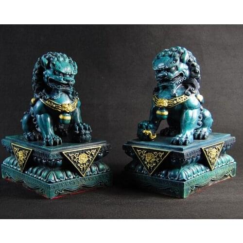 10" China Copper Bronze carved Feng Shui Guardian Lion Pair statue
