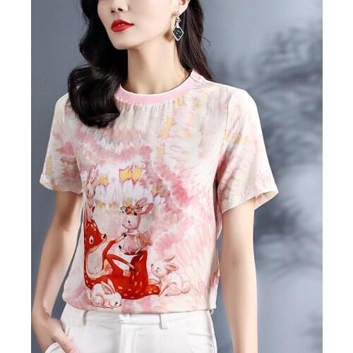 2021 Summer 100% Natural Silk Womens T-shirt Elegant O-neck Short Sleeve Pink Printed Office Lady Pure Real Silk Tee Shirt Tops